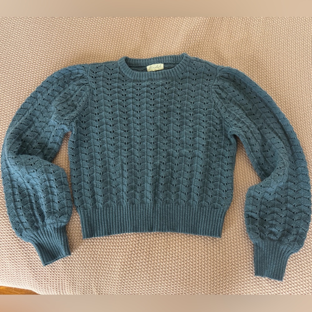 Marled Teal Openwork Crewneck Sweater